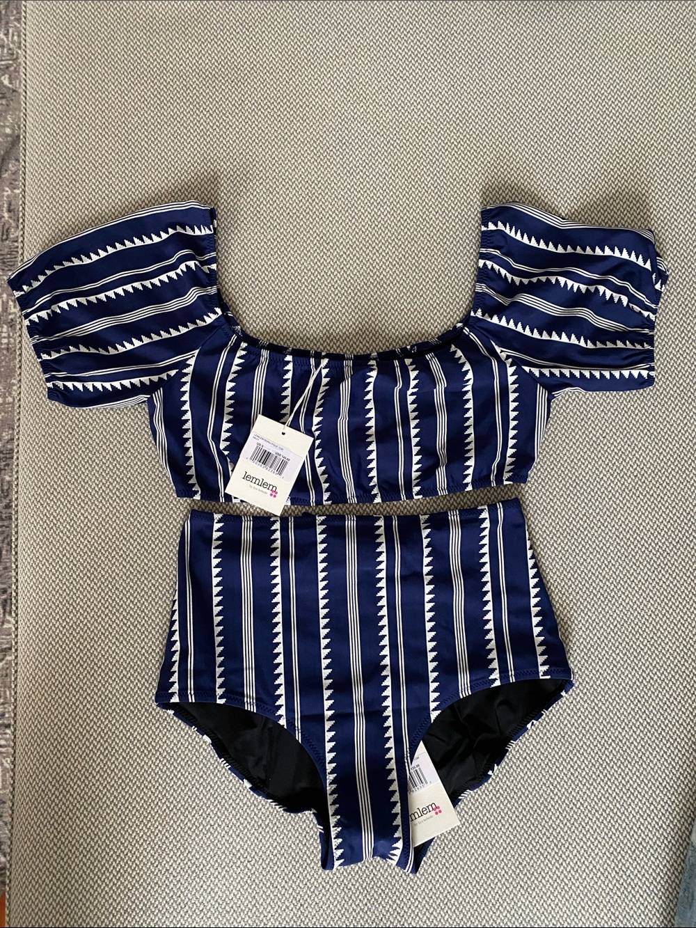 Nunu Pouf Top (S) & High Waist Bottom Navy and White Bikini Set (XS)
